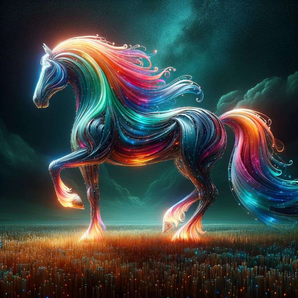 a horse, made from glowing multicolored luminescent sheets of metal, digital art